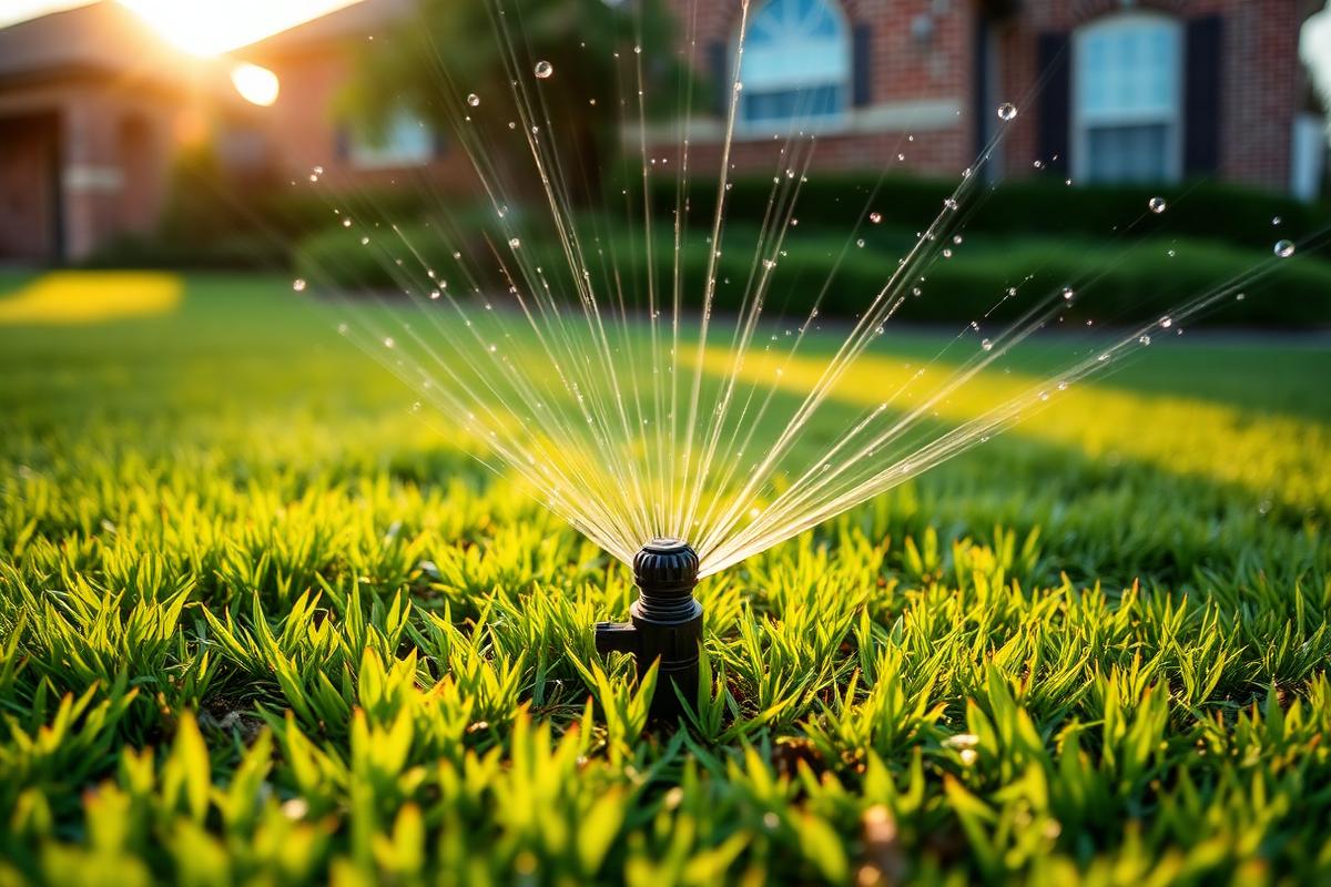 Rotor sprinkler head watering a St. Augustine lawn in Plano, TX (Collin County)