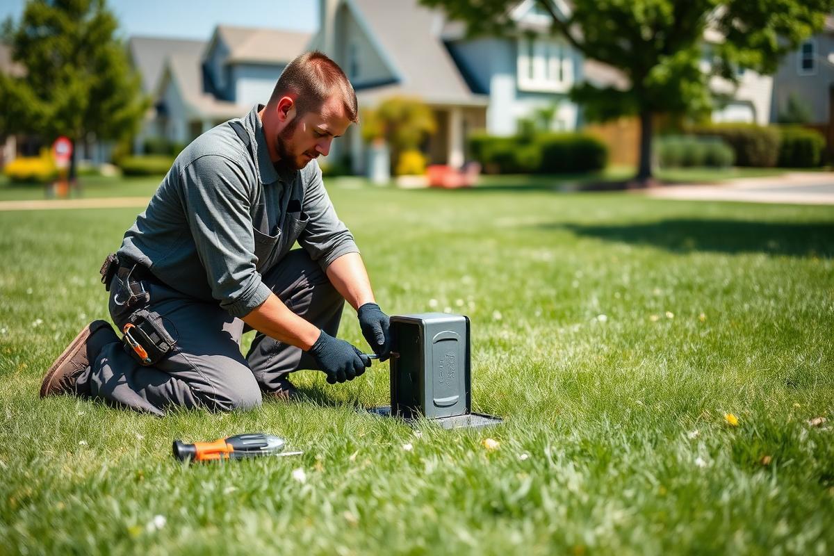 Technician testing an irrigation valve box at a Murphy, TX home in Collin County