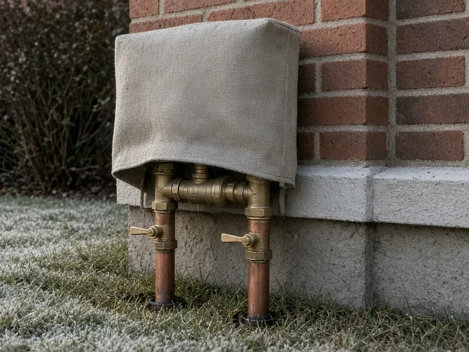 Irrigation backflow preventer beside a brick house covered with an insulated freeze cover on a frosty morning