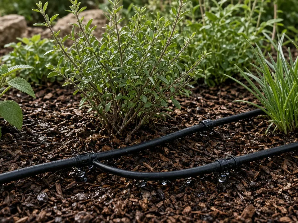 Black drip irrigation tubing winding through a mulched flower bed around shrubs and ornamental grasses