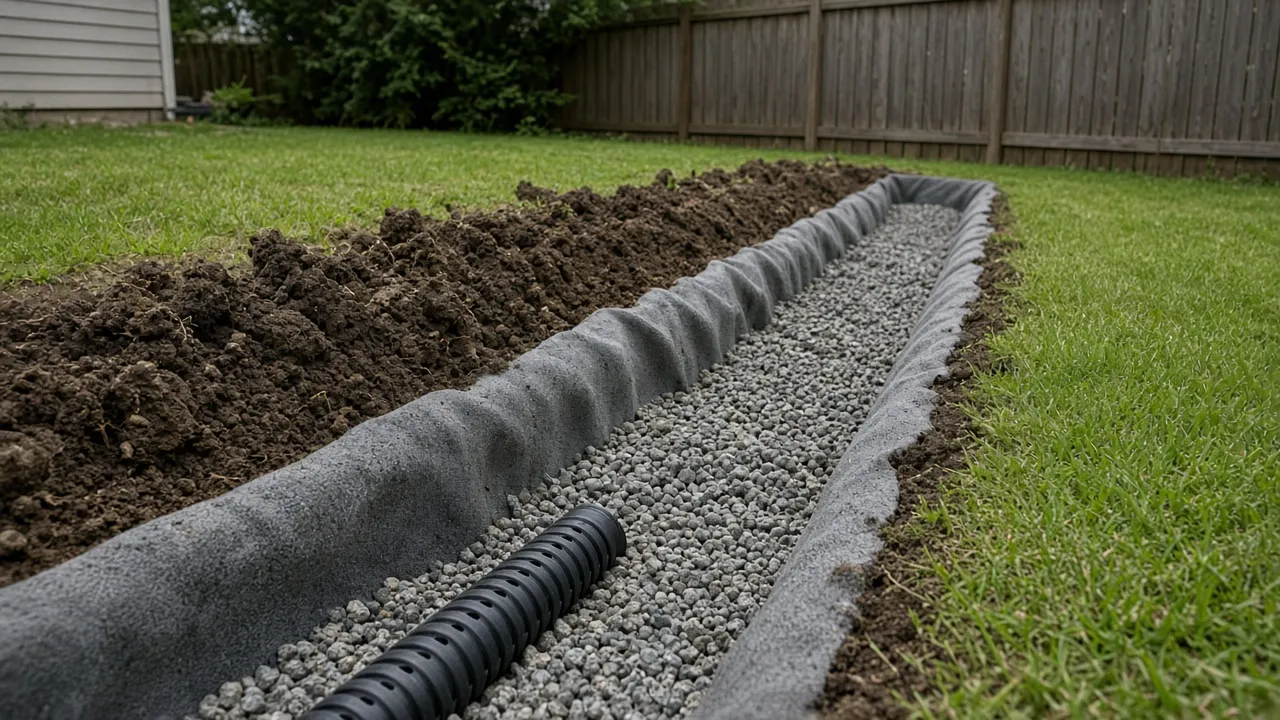 French drain trench lined with fabric and gravel with perforated drain pipe in a backyard lawn