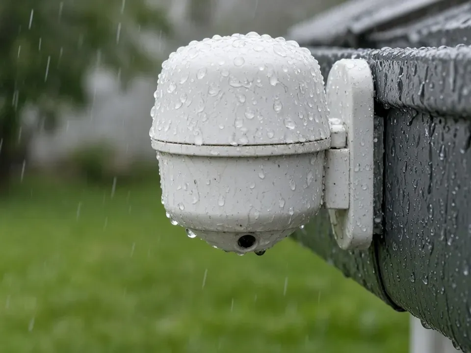 Wireless rain and freeze sensor mounted on a house gutter during rainfall above a green lawn