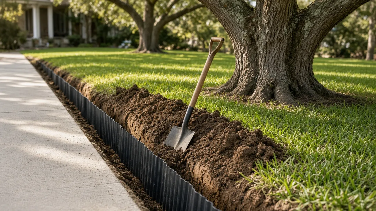 Black root barrier panel installed in a trench between a sidewalk and a mature oak tree