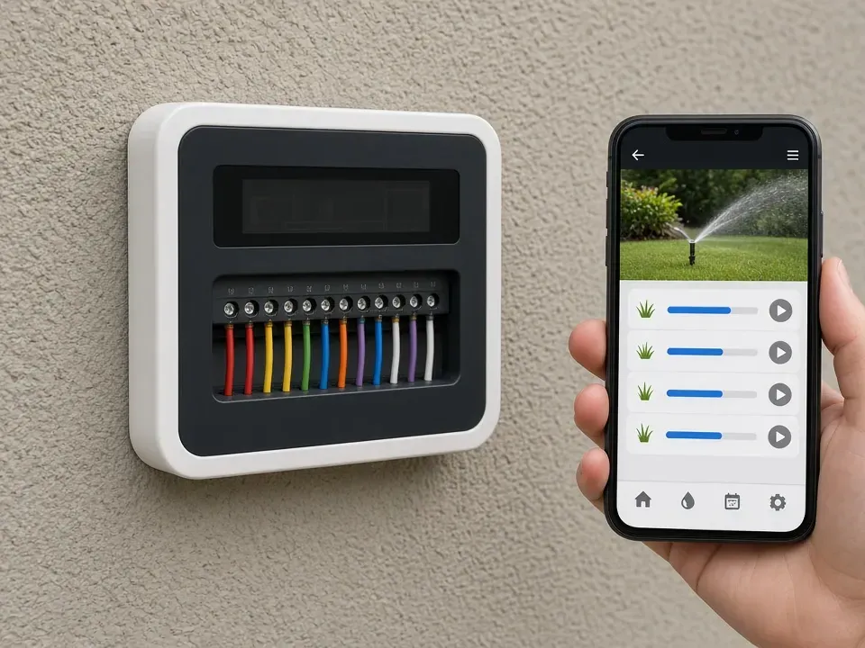 Wi-Fi smart sprinkler controller with color-coded zone wires mounted on a garage wall beside a phone running a watering app